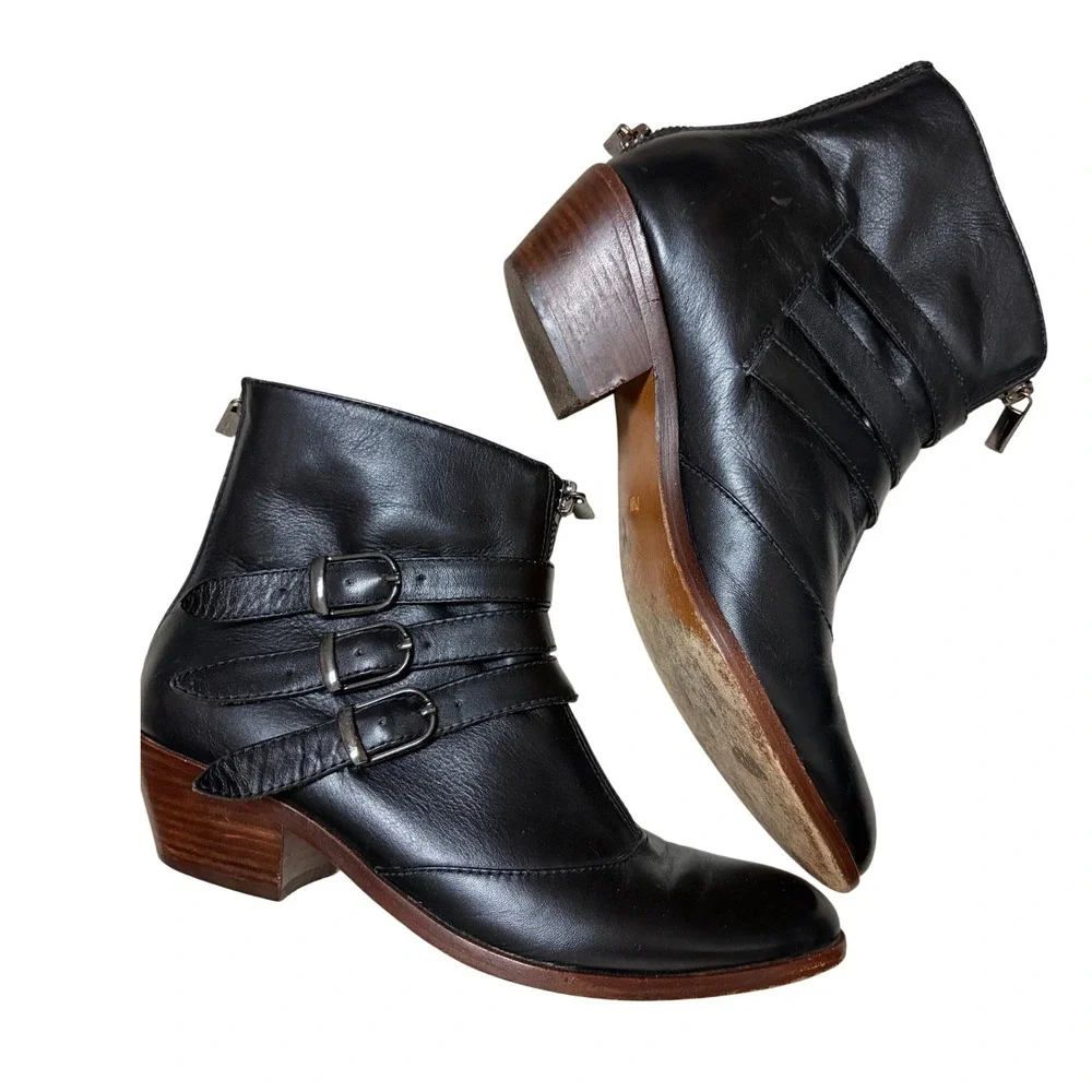 Modern Vice Jasper Black Leather Triple Buckle Ankle Boots Womens 7.5M